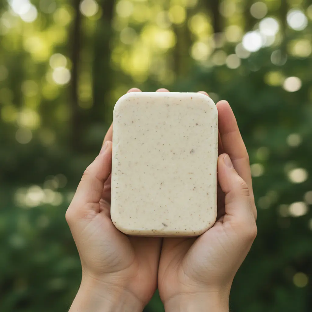 Hands holding a solid detergent block