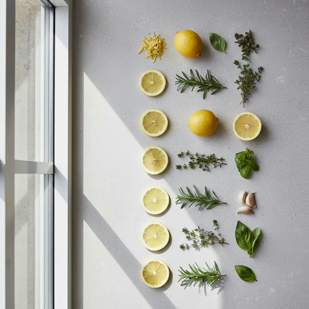 Natural ingredients like lemon and herbs arranged neatly on a light gray surface