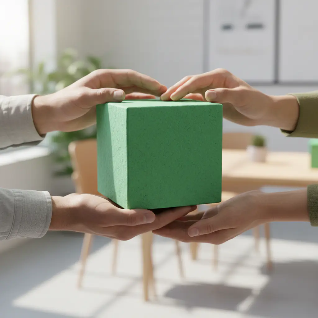Friendly support hands holding a green block